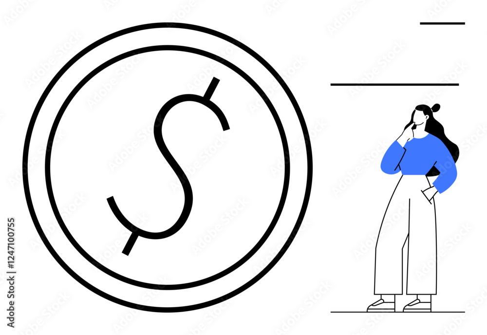 Large dollar coin outline, thoughtful person with blue shirt and wide-legged pants. Ideal for financial planning, decision making, economic strategy, saving money, investments, budgeting, wealth Large dollar coin outline, thoughtful person with blue shirt and wide-legged pants. Ideal for financial planning, decision making, economic strategy, saving money, investments, budgeting, wealth