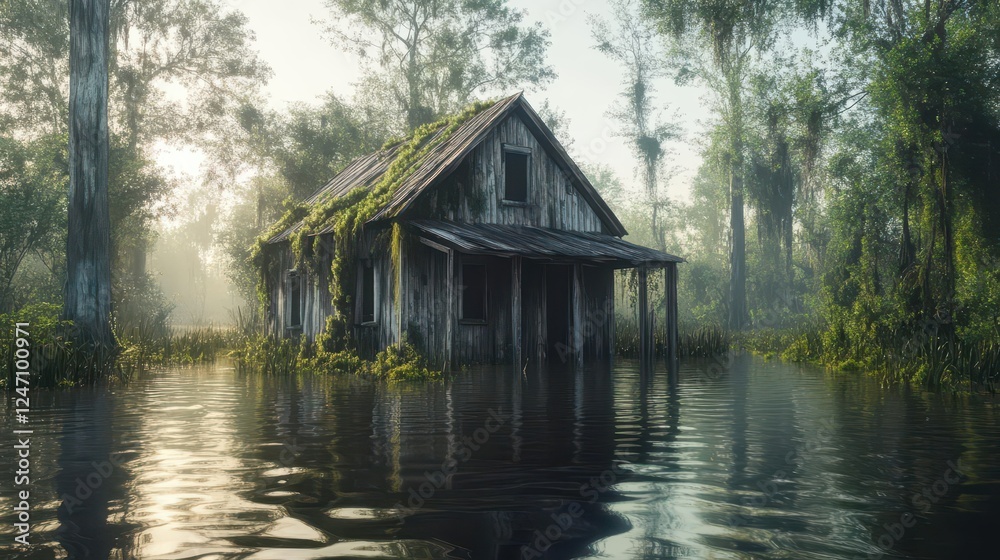 Abandoned House Submerged in Flood Waters with Eerie Reflections Abandoned House Submerged in Flood Waters with Eerie Reflections