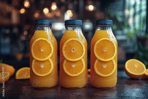 Freshly squeezed orange juice in glass bottles with slices displayed