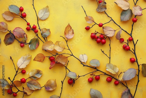 Vibrant autumn leaves and red berries arranged on a bright yellow background ...