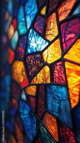 Colorful stained glass window displaying diverse geometric patterns and vibra...