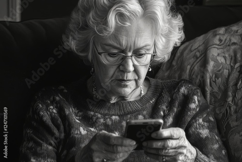Elderly woman sitting on a couch focused on her smartphone in soft light