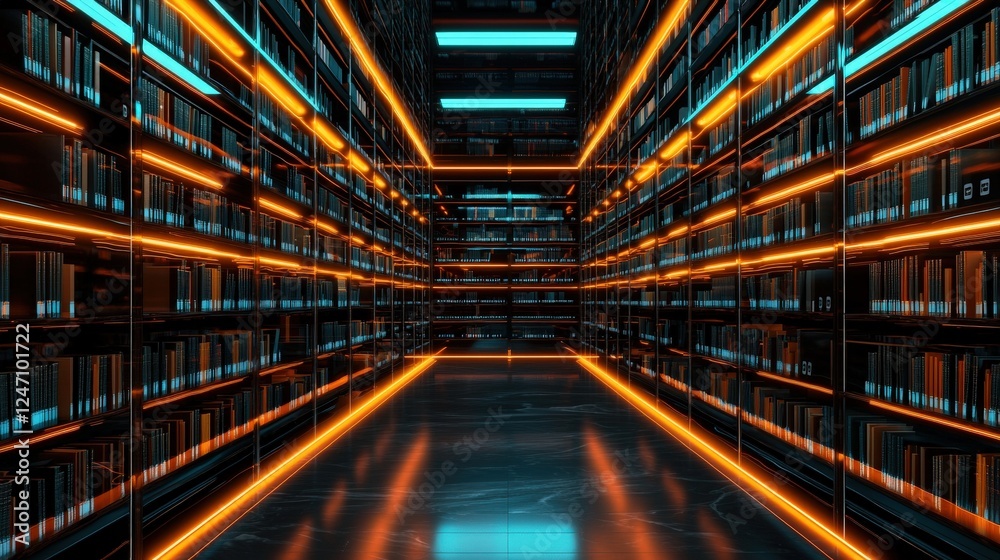 Fototapeta premium A futuristic library with glowing bookshelves.
