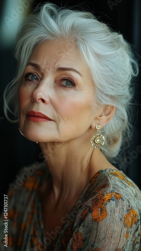 Mature woman with elegant hairstyle and earrings poses against neutral backgr...