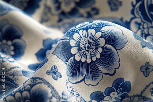 Elegant blue floral design on fabric showcasing intricate patterns and textures