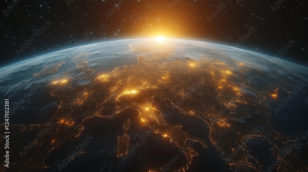 Fototapeta premium Detailed Earth View Highlighting Europe and Africa at Night. Generative AI