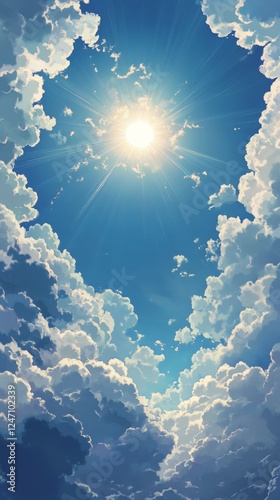 Bright sunlight breaking through clouds creating dramatic sky effect in black...