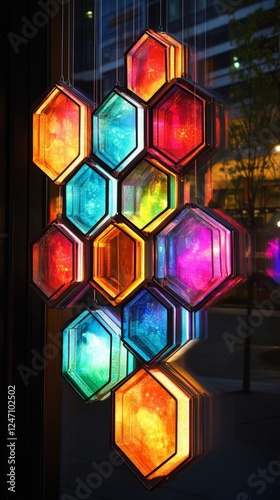Colorful illuminated hexagonal tiles along a walkway at night in a vibrant se...