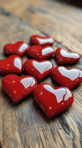 Decorative wooden hearts arranged on rustic wooden surface for romantic decor...