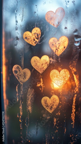 Raindrops on window showcasing colorful heart shapes against a warm glowing b...