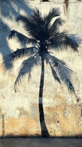 Shadow of a palm tree cast on an old wall in a tropical location during golde...