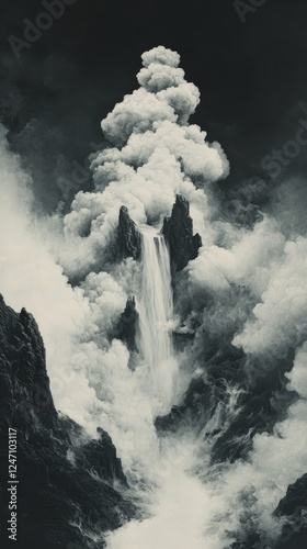 Majestic waterfall cascading through clouds amidst towering rocky peaks in mo...