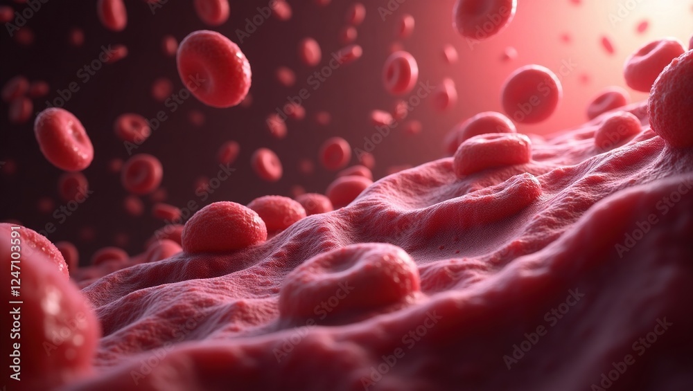 Naklejka premium Imagen ampliada de glóbulos rojos con fondo de profundidad, destacando su importancia en el transporte de oxígeno en el cuerpo humano