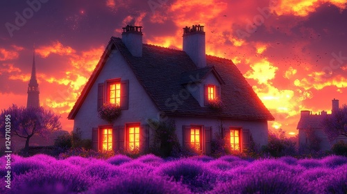 Sunset over lavender field, cozy cottage, village backdrop, idyllic scene, postcard use