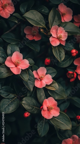 Vibrant pink flowers bloom on a spring branch in a natural setting during gol...