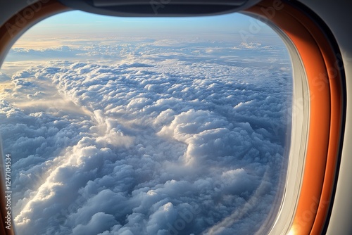 Beautiful clouds view from airplane window during sunset over the horizon