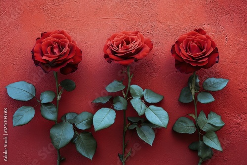 Red roses against a vibrant red wall create a striking floral display in a co...