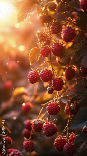 Ripe raspberries hanging on vines illuminated by warm sunlight during golden ...