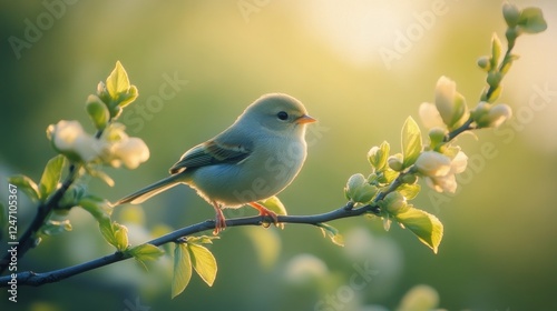 Beautiful bird perched on a flowering branch during golden hour in a serene l...