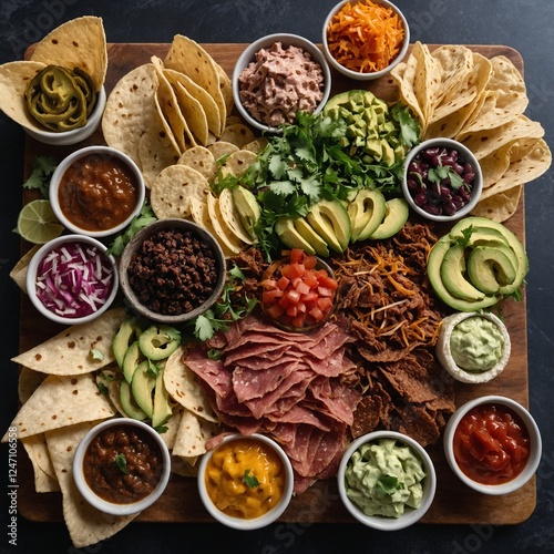 A beautifully arranged taco charcuterie board, showcasing a variety of fillings and toppings.