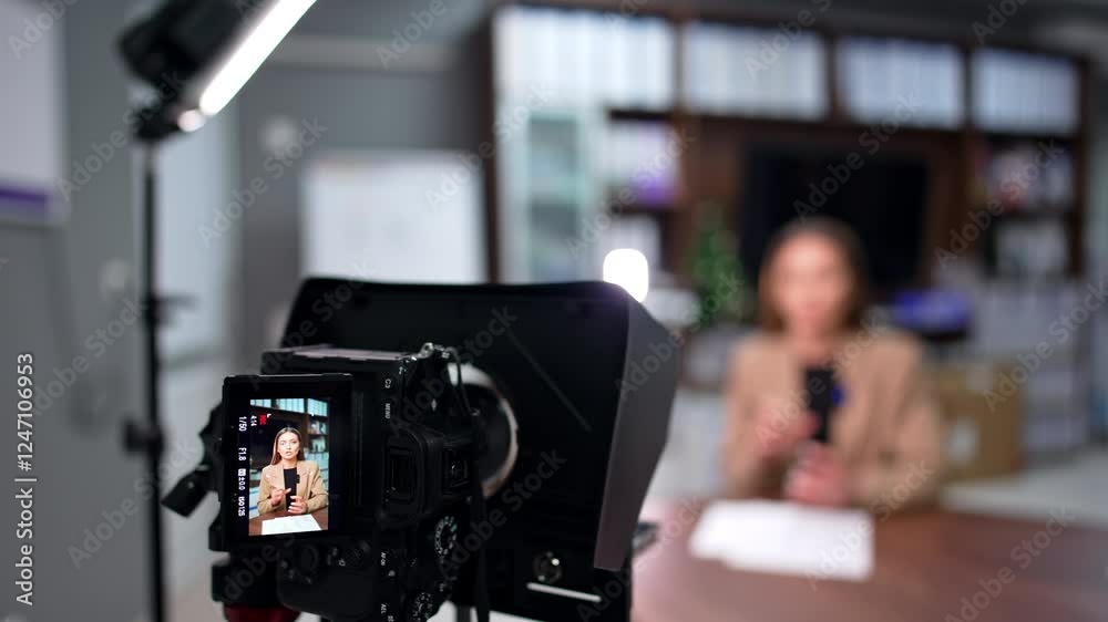Brunette Caucasian woman talks on the display of camera on tripod. Blurred backdrop. Blog content creation. Brunette Caucasian woman talks on the display of camera on tripod. Blurred backdrop. Blog content creation.