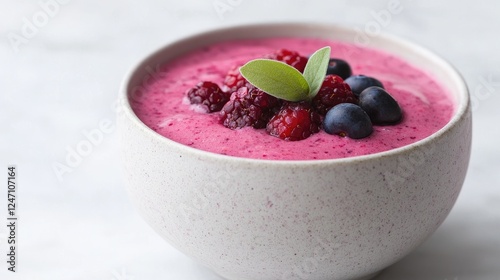 Creamy berry smoothie bowl, kitchen counter background, healthy breakfast photo