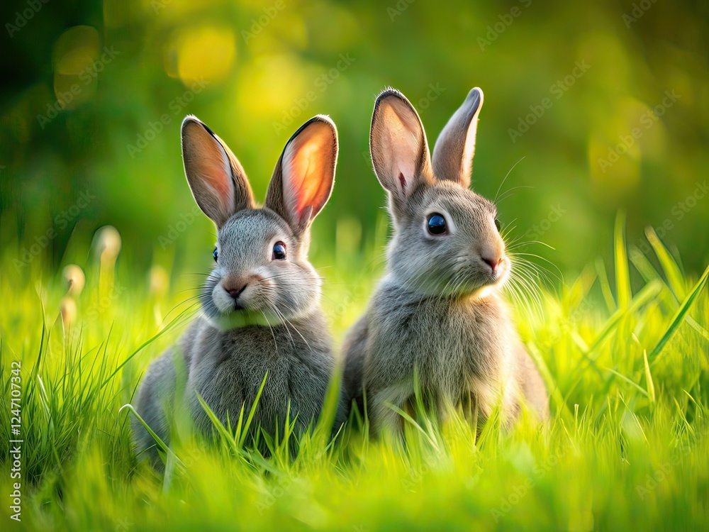 Obraz premium Minimalist Grey Rabbits in Green Grass | AI Photography