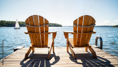 Adirondack chairs overlooking serene lake at sunrise, peaceful retreat