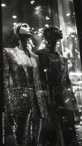 Stylish mannequins in a clothing store window display during a sunny day