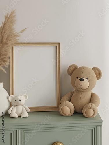 Blank Frame Mockup with Plush Toys on Green Dresser - AI Generated