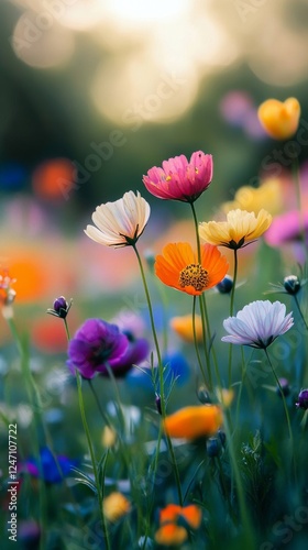 Colorful wildflowers bloom in a sunny meadow during springtime