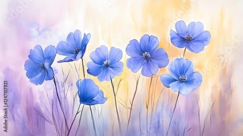 A watercolor painting of anemones in shades of blue
