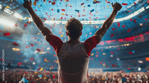 A jubilant fan celebrates in a stadium, surrounded by colorful confetti, embodying the excitement of a major sporting event.