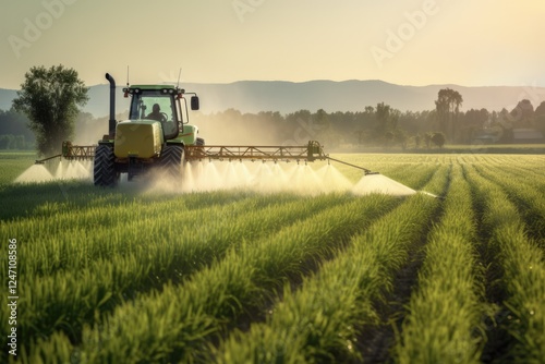 Young Corn Under Pesticide Spray. Agronomy, Agriculture and Technology in Machinery Use with Toxic Pesticides for Genetically Modified Crops