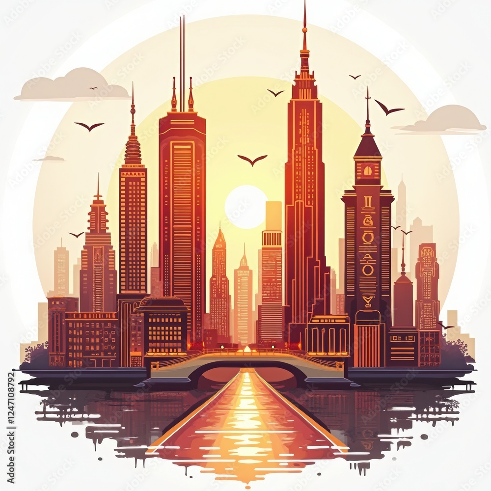Obraz premium Cityscape at Sunset: A Vibrant Urban Landscape