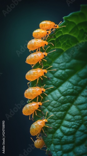 Yellow insects crawling on a green leaf in a close-up view during daylight hours