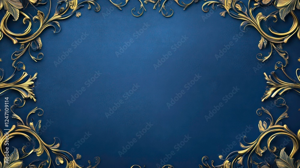 A blue backdrop with golden embellishments on both the left and right sides, featuring a dark blue image. A blue backdrop with golden embellishments on both the left and right sides, featuring a dark blue image.