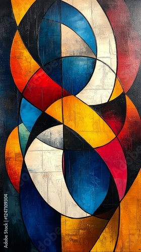 Abstract art featuring dynamic shapes and vibrant colors in an intricate arra...