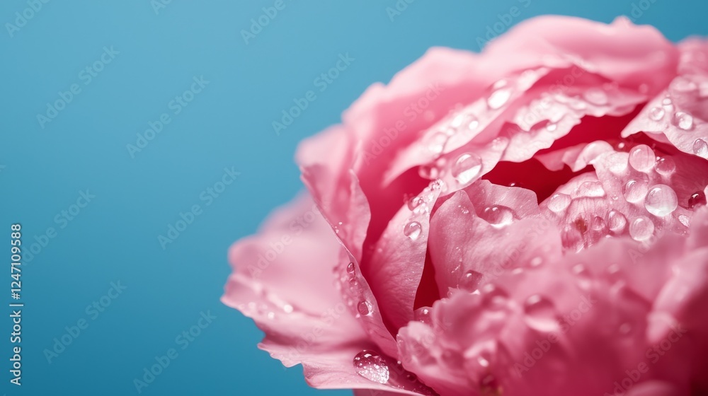 A close-up view of a pink flower with water droplets against a soft blue background showcasing natural beauty and freshness. A close-up view of a pink flower with water droplets against a soft blue background showcasing natural beauty and freshness.