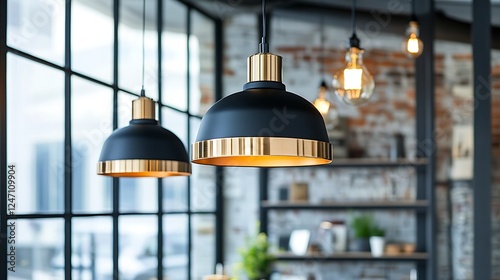 Black and gold pendant lights in modern industrial interior