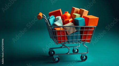 Shopping Cart Overflow: A miniature shopping cart overflows with colorful gift boxes, a playful representation of the abundance of consumerism, gift-giving, and shopping sprees. 
