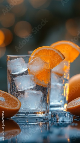 Refreshing citrus drinks with orange slices served on a sunny outdoor table