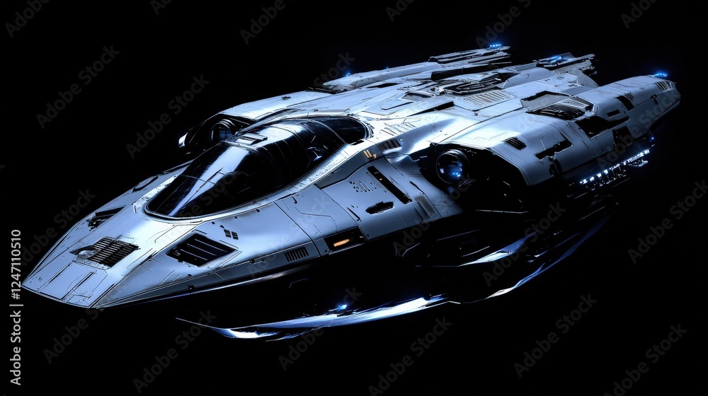 Fototapeta premium Sleek futuristic spacecraft floats against a black void, symbolizing space exploration. Suitable for science fiction themes, games, and futuristic technologies.