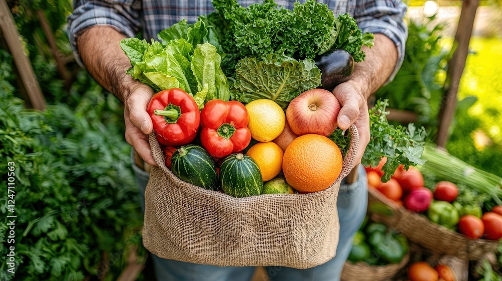 Fototapeta premium A person holds a basket filled with fresh, colorful vegetables and fruits, showcasing vibrant produce in a natural setting.