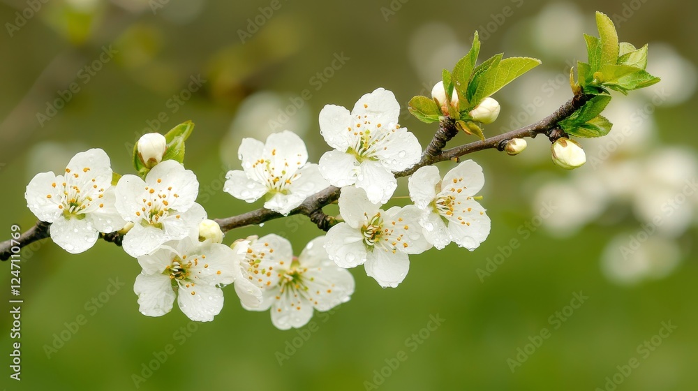 A close-up view of delicate white flowers blooming on a branch with fresh green leaves in a serene natural setting. A close-up view of delicate white flowers blooming on a branch with fresh green leaves in a serene natural setting.