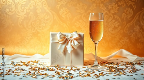 Gift of Celebration:  A  festive  scene of a  wrapped  gift  with a delicate  ribbon  beside a  glass  of bubbly  champagne.  Confetti  and glittering  gold  accents  enhance the celebratory  mood.
