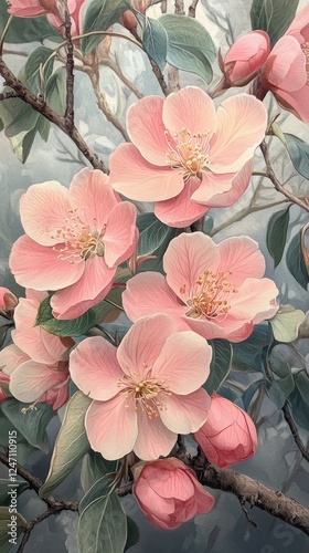 Vibrant pink flowers bloom on a spring branch in a natural setting during gol...