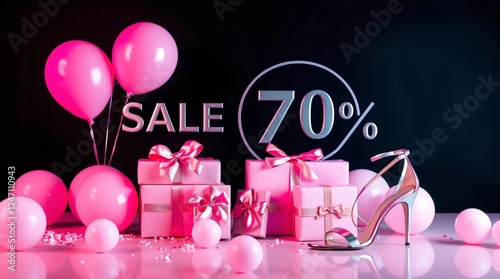 Pink Party Sale:  Sparkling pink balloons, chic gift boxes, and a stunning high-heeled shoe announce a glamorous 70% off sale. This image invites you to a world of luxury and irresistible deals.