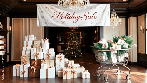 Holiday Sale Display:  A festive and inviting storefront display announces a holiday sale with a large banner adorned with snowflakes, a towering stack of wrapped gifts.