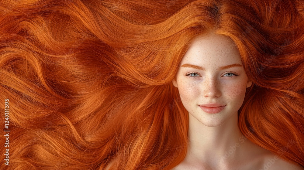 Obraz premium A young woman with vibrant copper hair cascades around her, showcasing a natural and serene expression. Sunlight highlights her features, evoking a sense of tranquility and grace
